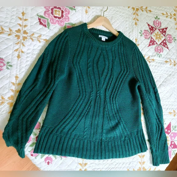 Cable Knit Crew 100% Cotton Sweater, Size L, Hunter Green - Picture 2 of 4